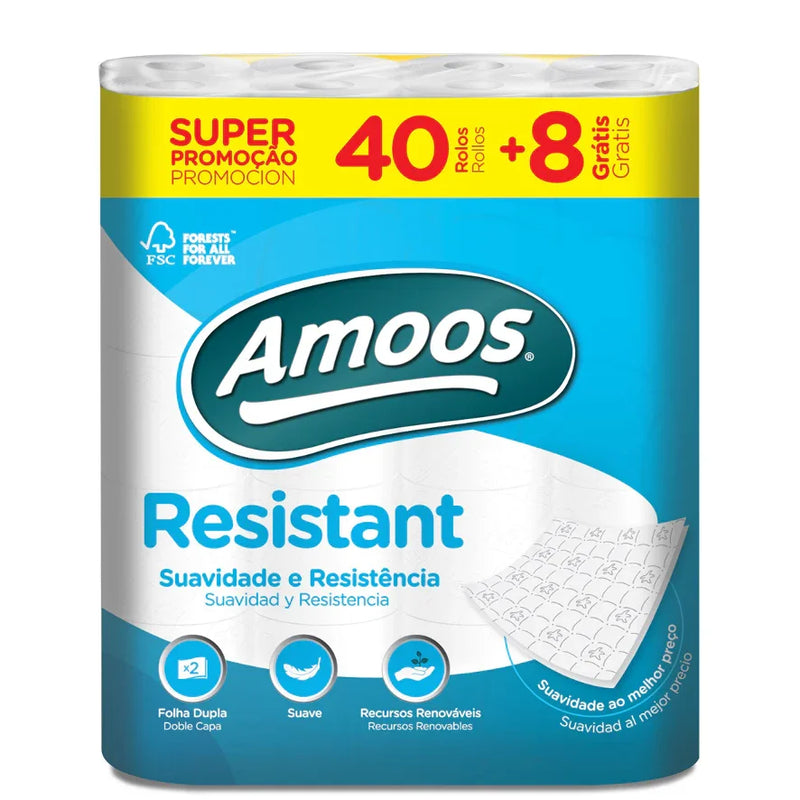 Papel Higiénico 2F Amoos Resistant | Giga Pack com 48 Rolos, Suavidade e Resistência, embalagem promocional.