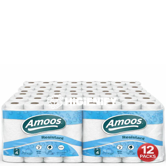 Rolo Papel de Cozinha 2F Amoos Resistant, embalagem com 12 packs, 48 unidades de papel toalha dupla folha.