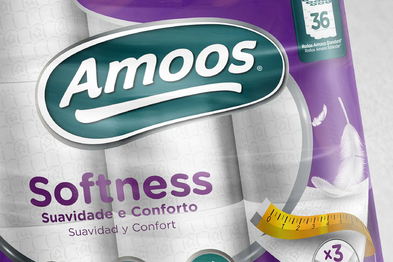 Papel Higiénico Folha Tripla Amoos Softness - Saco com 36 Rolos, Suavidade e Conforto