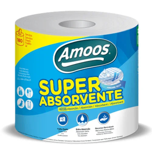 Papel Rolo Cozinha Multiusos Amoos Super Absorvente 50M com tecnologia Absorb Tech para máxima absorção e resistência.