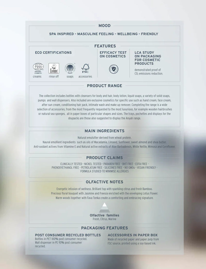 Tabela de informações sobre Champô e Condicionador Ecológico 2em1 ANYAH, incluindo ingredientes e certificações.
