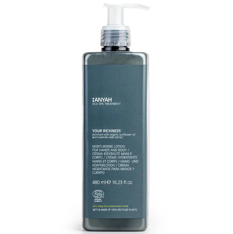 Loção Hidratante Corporal Ecológica ANYAH 480ml em embalagem de plástico reciclado, com aplicador, formato amenities, perfeito para hotéis e alojamentos locais