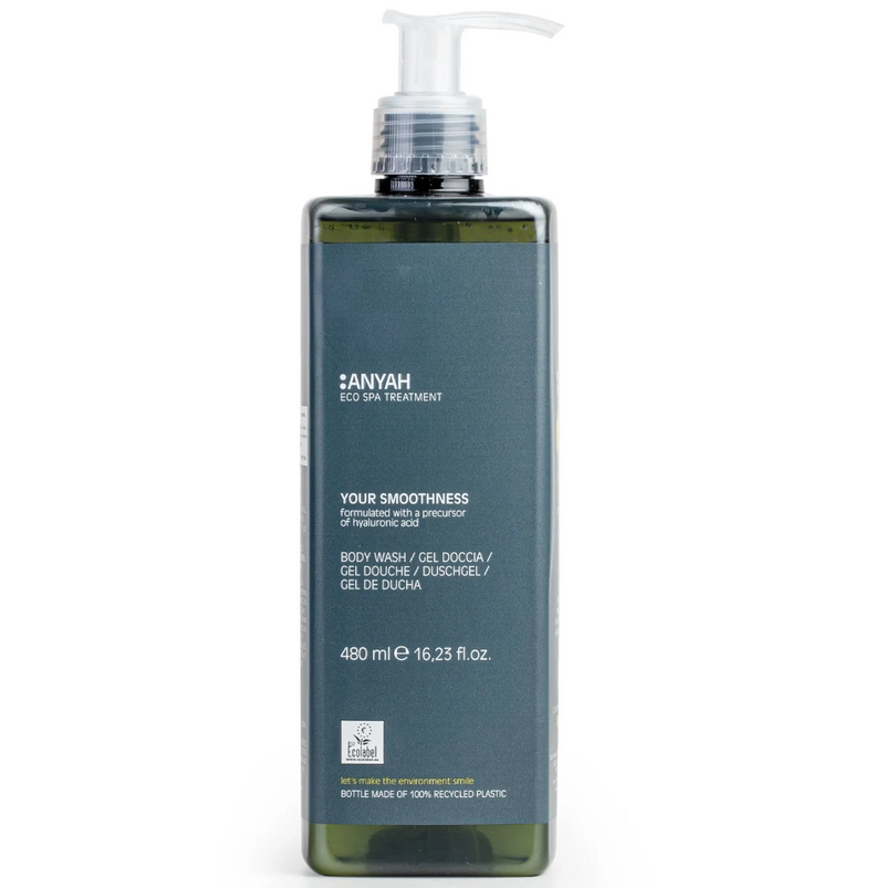 Gel de Banho Ecológico ANYAH 480ml em frasco com dosador, formato amenities, perfeito para hotéis e alojamentos locais