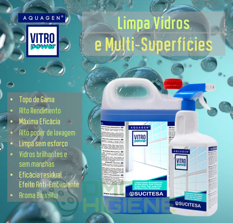 imagem tecnica comercial de Detergente Limpa Vidros e Superfícies Alcalino 5 Litros e Garrafa Pulverizadora Spray da marca AQUAGEN VITRO POWER
