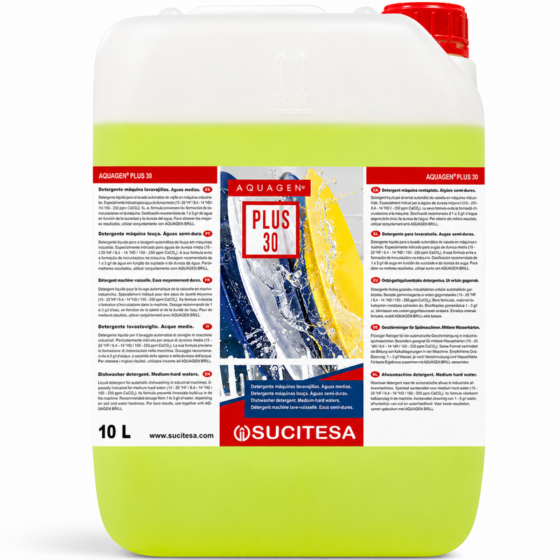 Detergente para Máquina da Loiça 10 Litros Alta Performance AQUAGEN PLUS 30 da SUCITESA em embalagem de 10 litros.