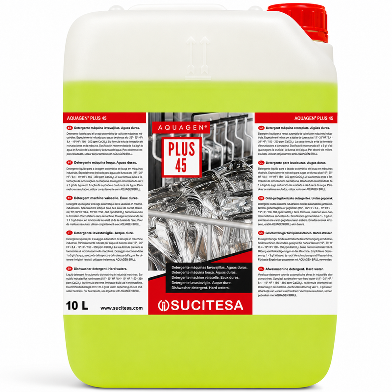 Detergente de Máquina da Loiça 10 Litros para Águas Duras - AQUAGEN PLUS 45 da SUCITESA em embalagem de 10 litros