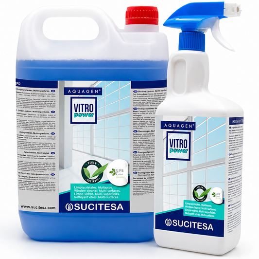Detergente Limpa Vidros e Superfícies Alcalino 5 Litros e frasco spray Aquagen Vitro Power.