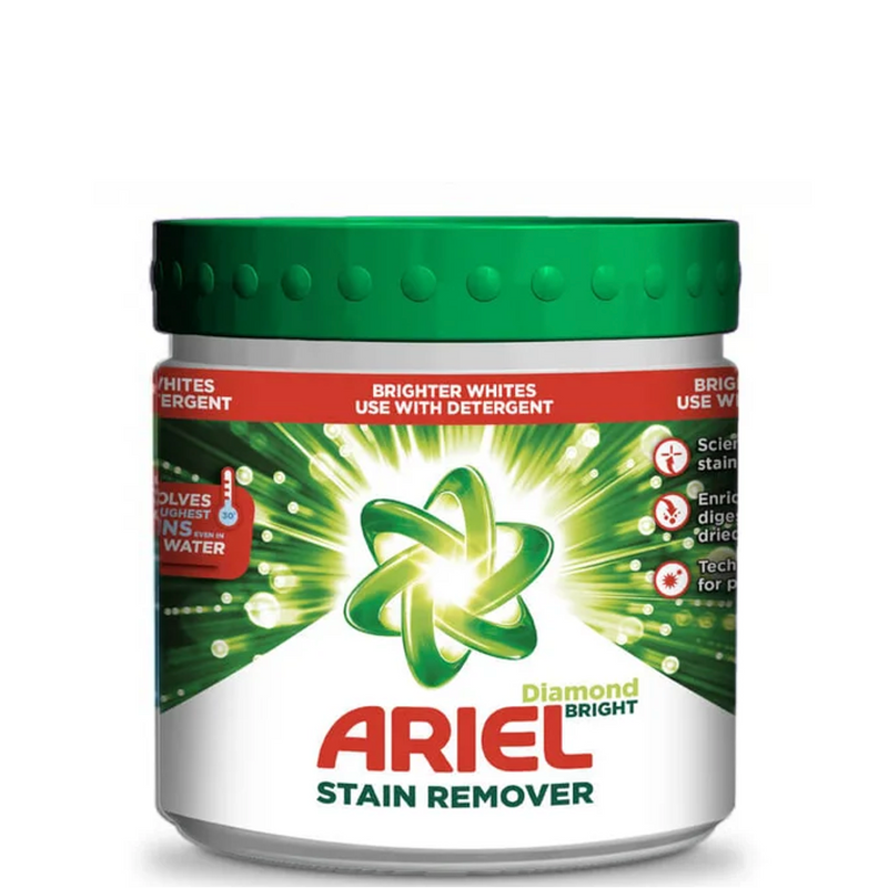 Branqueador Tira Nódoas em Pó Clorado 500g da ARIEL Diamond Bright, ideal para remoção de manchas e tratamento pré-lavagem.