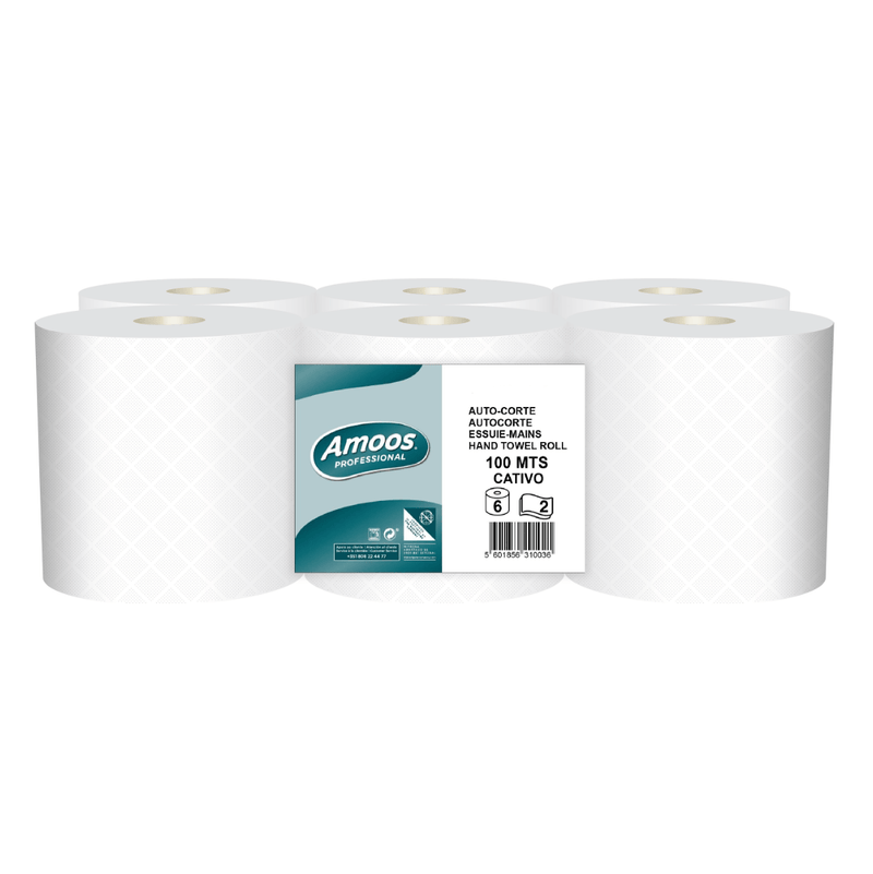 Papel Toalhas de Mão Rolo AutoCorte Amoos 100M em pack de 6 rolos, folha dupla para uso profissional
