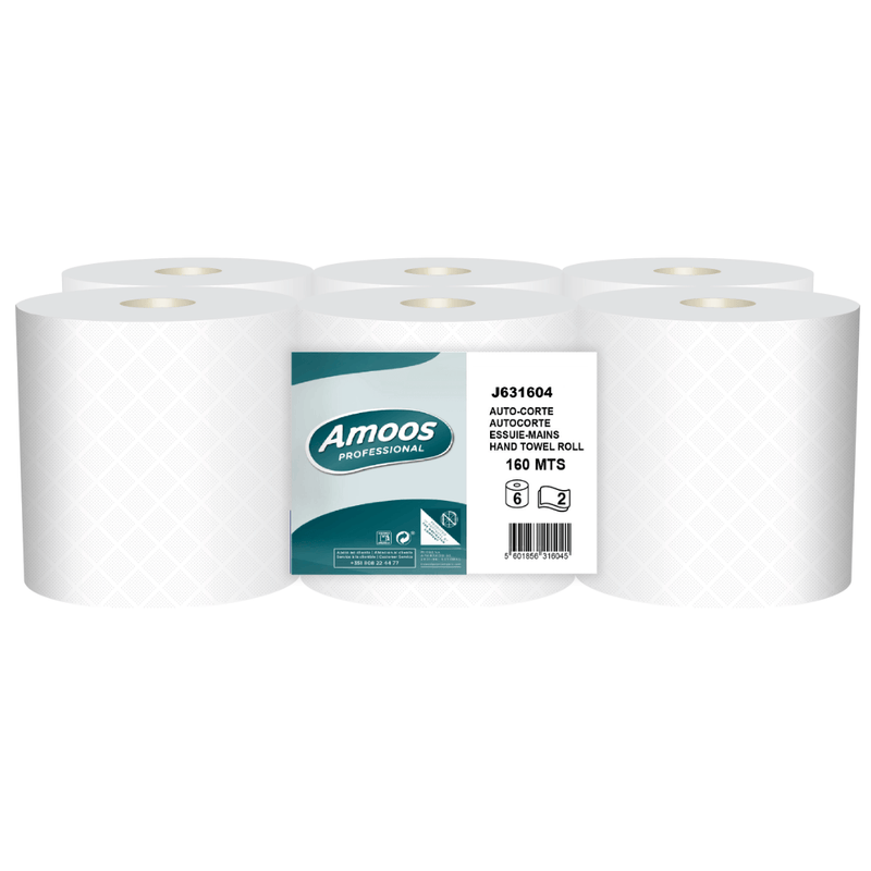 Papel Toalhas de Mão Rolo AutoCorte Amoos 160M | Pack com 6 Rolos de papel toalha em rolo para uso profissional.