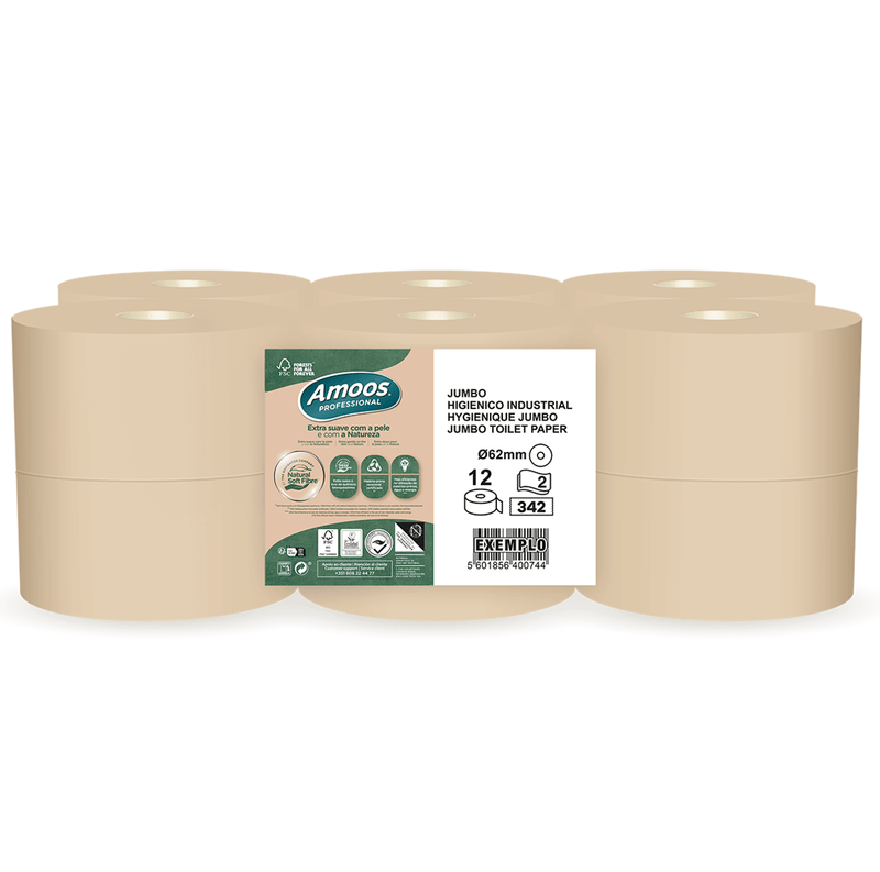 Papel Higiénico Jumbo Ecológico 2F 120M Amoos - Pack com 12 rolos de papel higiénico industrial absorvente e resistente.