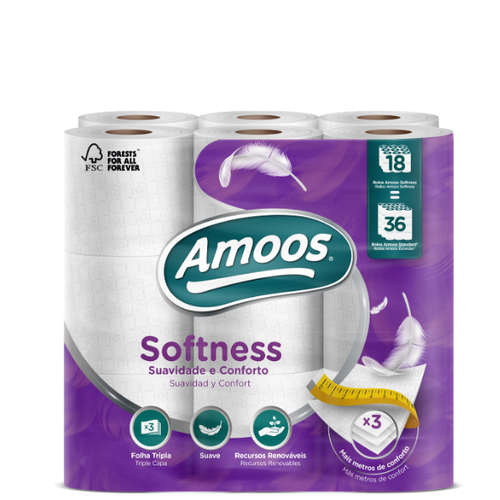 AMOOS SOFTNESS Papel Higiénico Doméstico Folha Tripla 30M Renova Scottex Tork Empresas Hotelaria Profissional Pack 18 Rolos