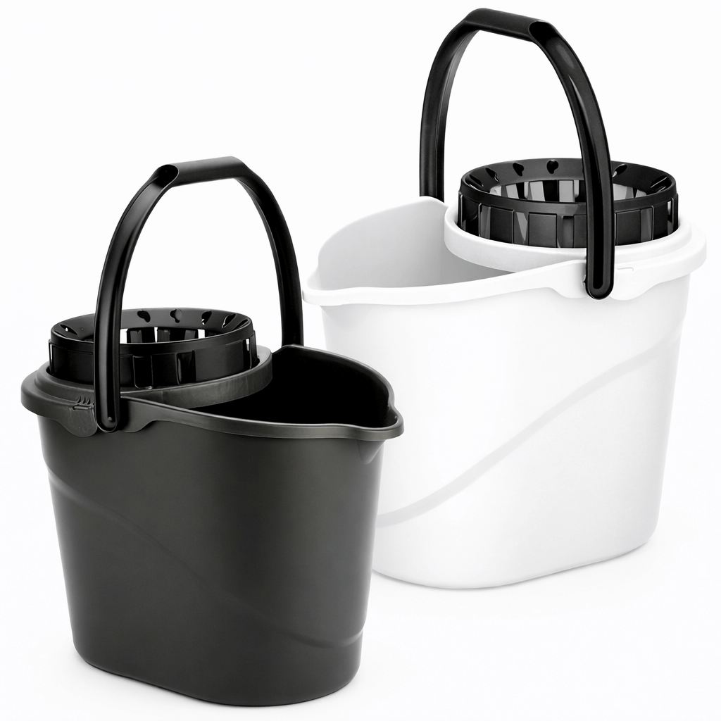 Balde Oval com Espremedor Ergo em preto e branco, ideal para lavagem de pavimentos em ambientes profissionais.