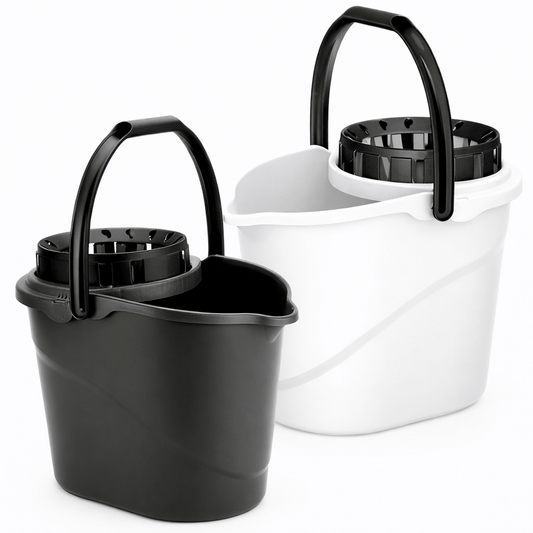 Balde Oval com Espremedor Ergo em preto e branco, ideal para lavagem de pavimentos em ambientes profissionais.