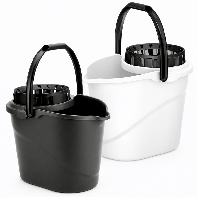 Balde Oval com Espremedor Ergo em preto e branco, ideal para lavagem de pavimentos em ambientes profissionais.