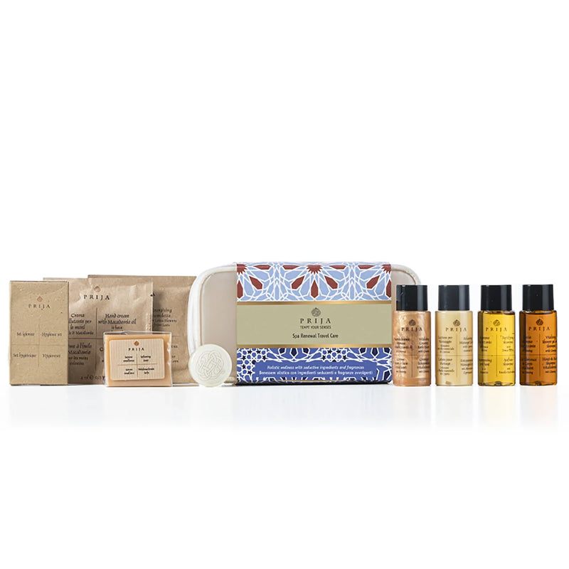 Kit de Amenities PRIJA TRAVEL KIT (9pcs) com produtos de higiene essenciais em embalagem elegante.