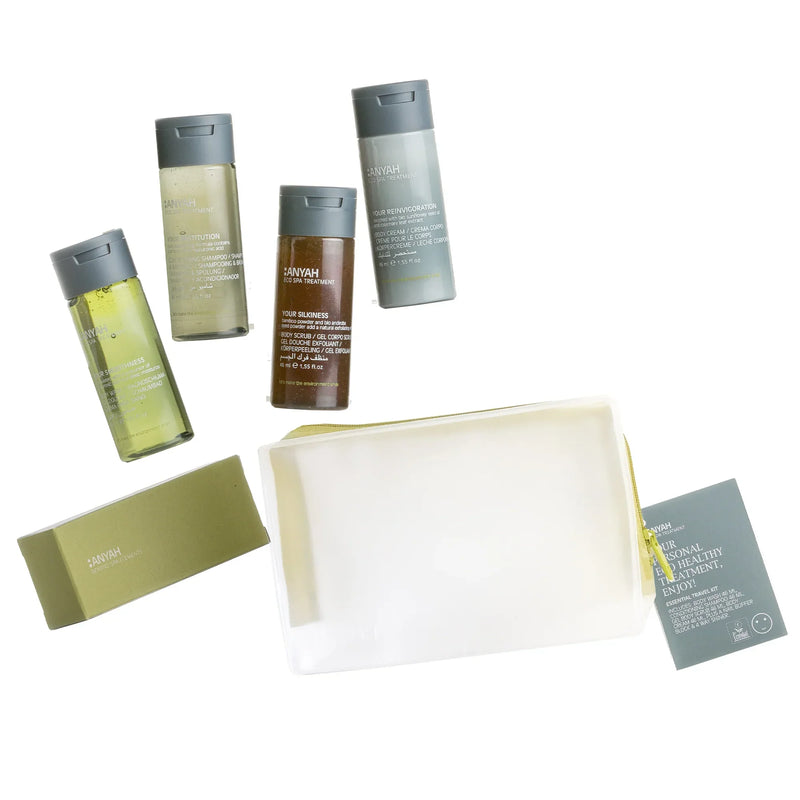 Kit de Amenities Anyah Essentials (6pcs) em tamanho viagem com produtos essenciais para higiene, formato amenities, perfeito para hotéis e alojamentos locais
