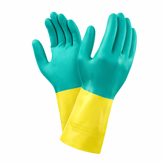 Luva Latex Flocada Reforçada Bicolor em amarelo e verde, ideal para tarefas de limpeza exigentes e reutilizável, 1 par.