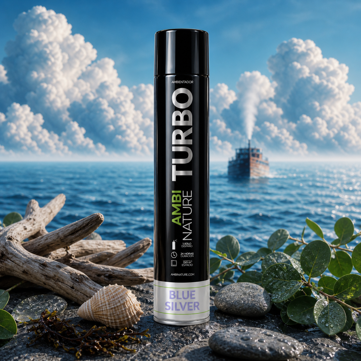 Ambientador Spray de Grande Descarga Blue Silver 750ml AMBINATURE TURBO evocando um aroma muito fresco e aquático