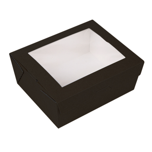 Caixa de Cartão Take Away Preta com Janela 1350ml com design prático e eficiente, ideal para entrega de alimentos.
