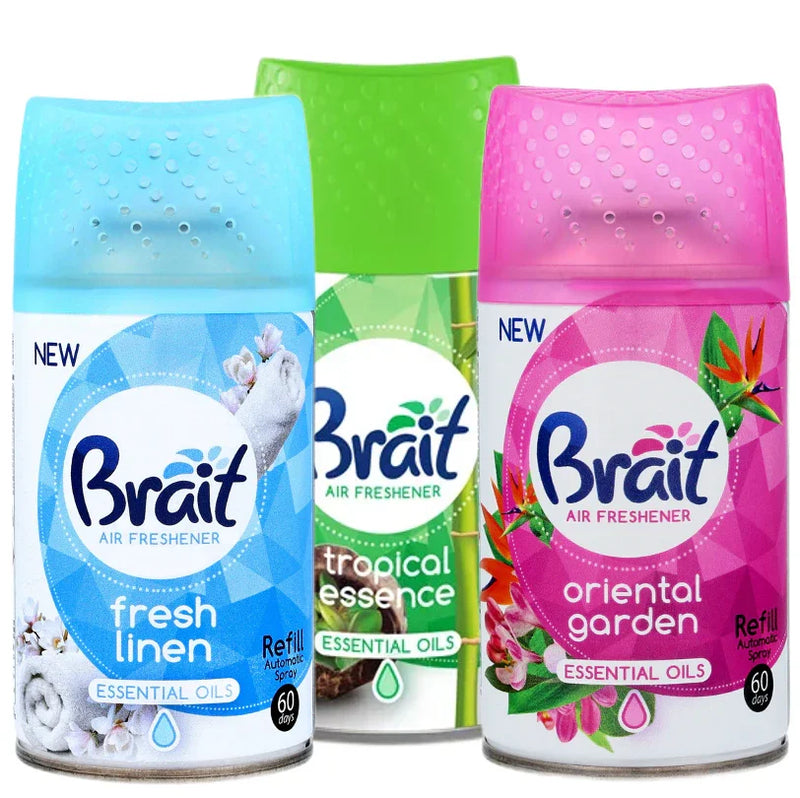 Ambientador Aerossol Recarga para Dispositivos Eletrónicos | Latas Brait Fresh Linen, Tropical Essence e Oriental Garden.