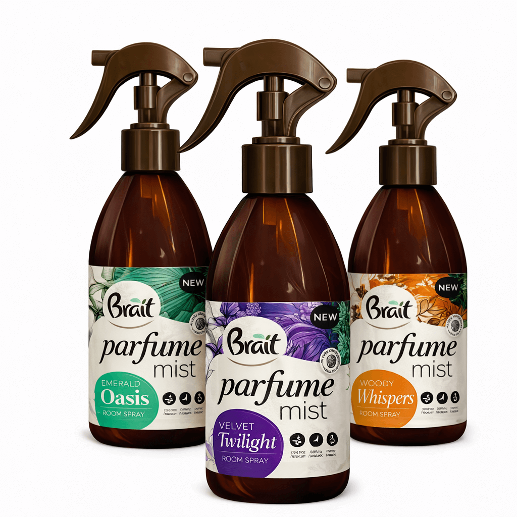 Ambientador Spray Líquido Brait Parfume Mist em 325ml com aromas Emerald Oasis, Velvet Twilight e Woody Whispers.