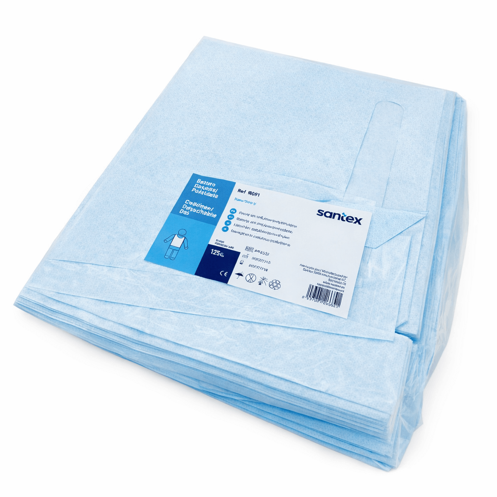 Babete Descartável para Adulto com bolsa, pack de 125 unidades, ideal para proteção e absorção.