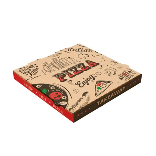 Caixa Pizza 29x29cm com design divertido para takeaway, ideal para pizzas frescas e quentes.