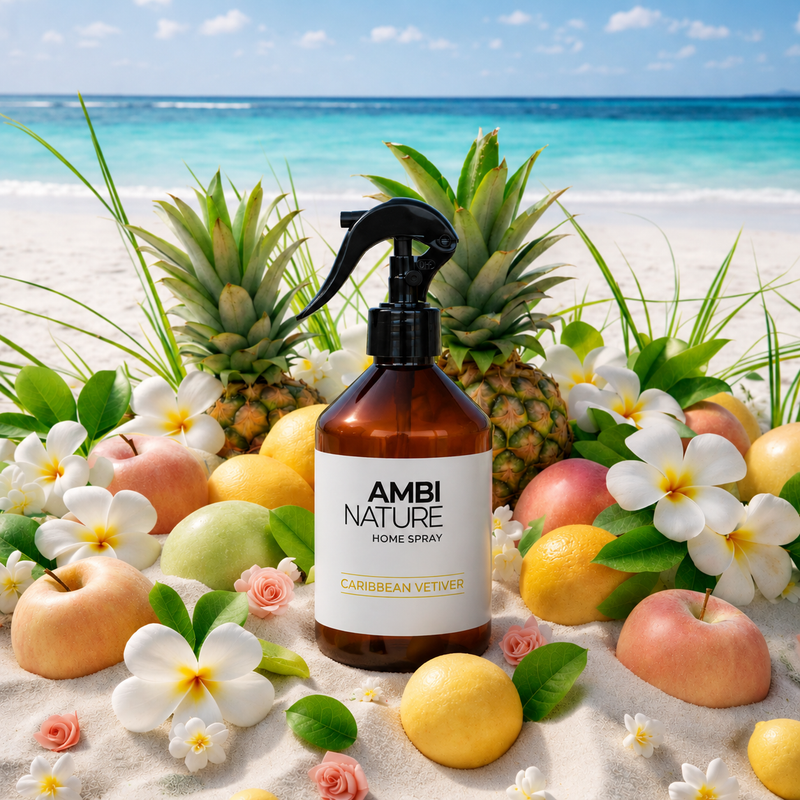 Ambientador Líquido Premium Caribbean Vetiver em ambiente tropical com frutas e flores na praia.