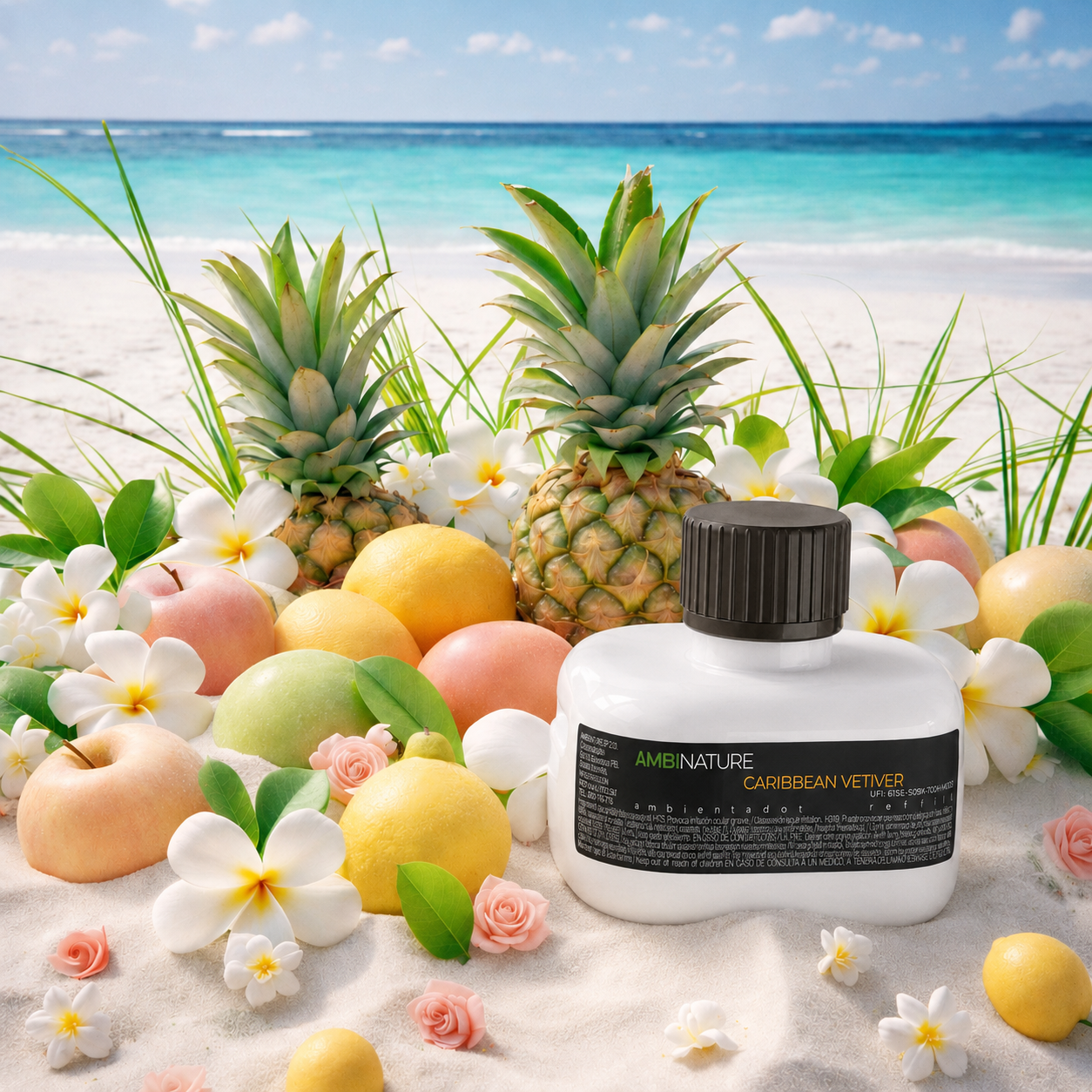 Ambientador Líquido Elétrico Recarga CARIBBEAN VETIVER evocando um aroma frutado tropical, muito diferenciado