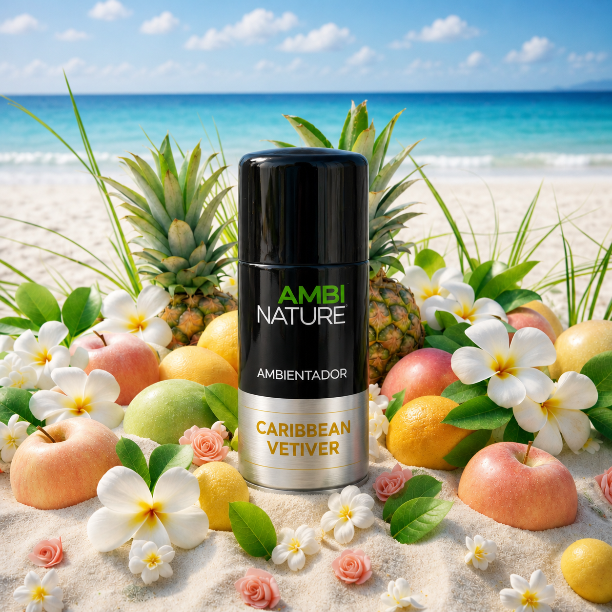 Ambientador Aerossol Premium Recarga Caribbean Vetiver | 250ml em cenário tropical com flores e frutas.