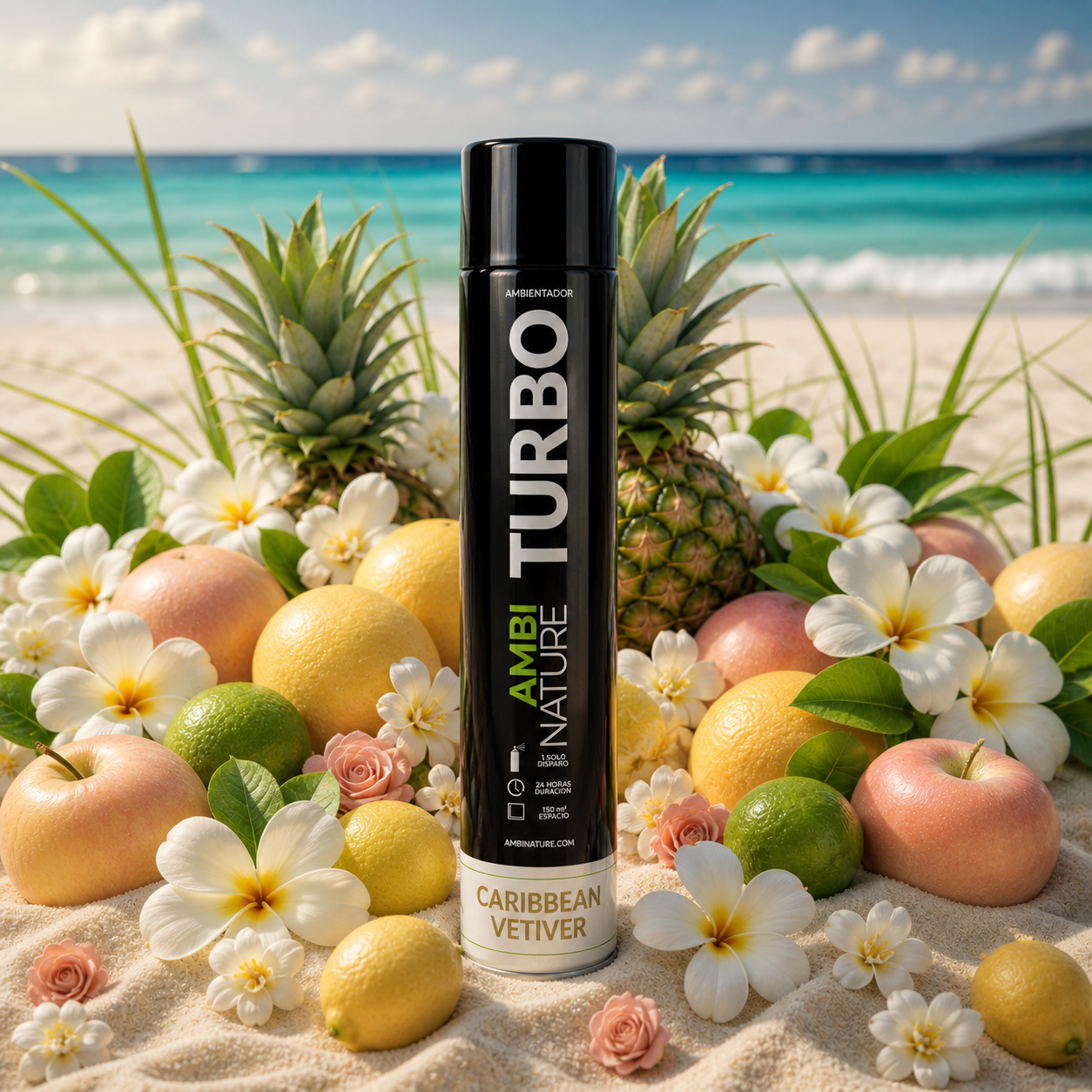 Ambientador Spray de Grande Descarga Caribbean Vetiver 750ml em cenário tropical com flores e frutas.