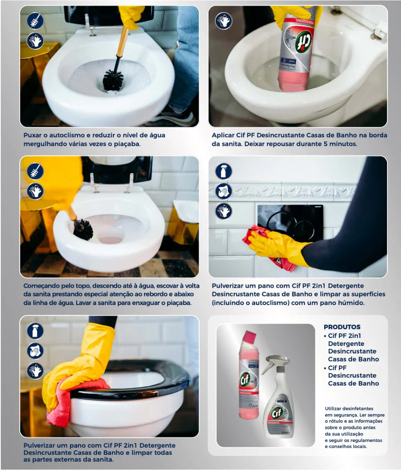 Instruções de uso do Detergente Gel Anti-Calcário CIF Profissional para limpeza eficaz de sanitários.