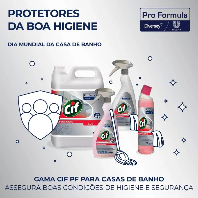 Produtos da gama CIF PF para casas de banho, incluindo Detergente Gel Anti-Calcário CIF Profissional.