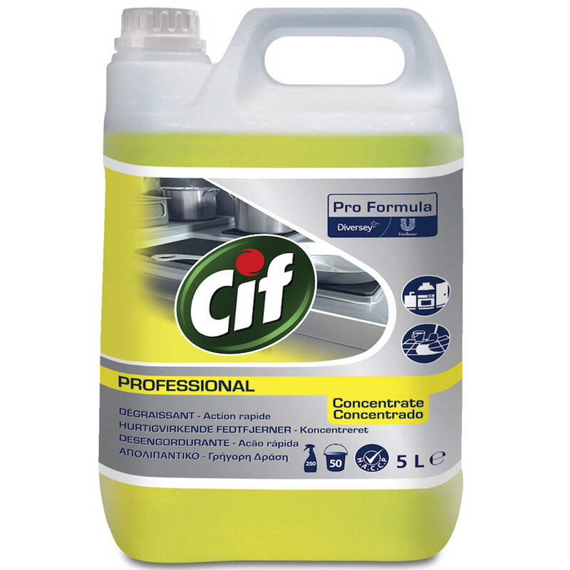 Desengordurante Forte Multiusos Cif Profissional Concentrado, garrafa de 5L para limpeza eficaz de superfícies em cozinhas industriais