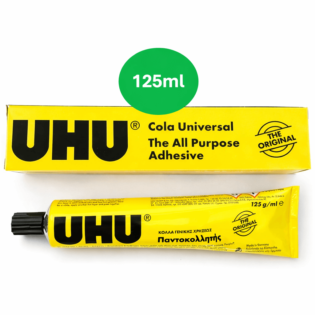 Cola Líquida Universal Bisnaga 125ml UHU na embalagem amarela, ideal para colagens rápidas e eficazes em papel, cartão, texteis e feltro
