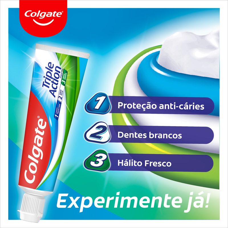 Pasta Dentífrica COLGATE TRIPLE ACTION 75ml com benefícios de proteção anti-cáries, dentes brancos e hálito fresco.