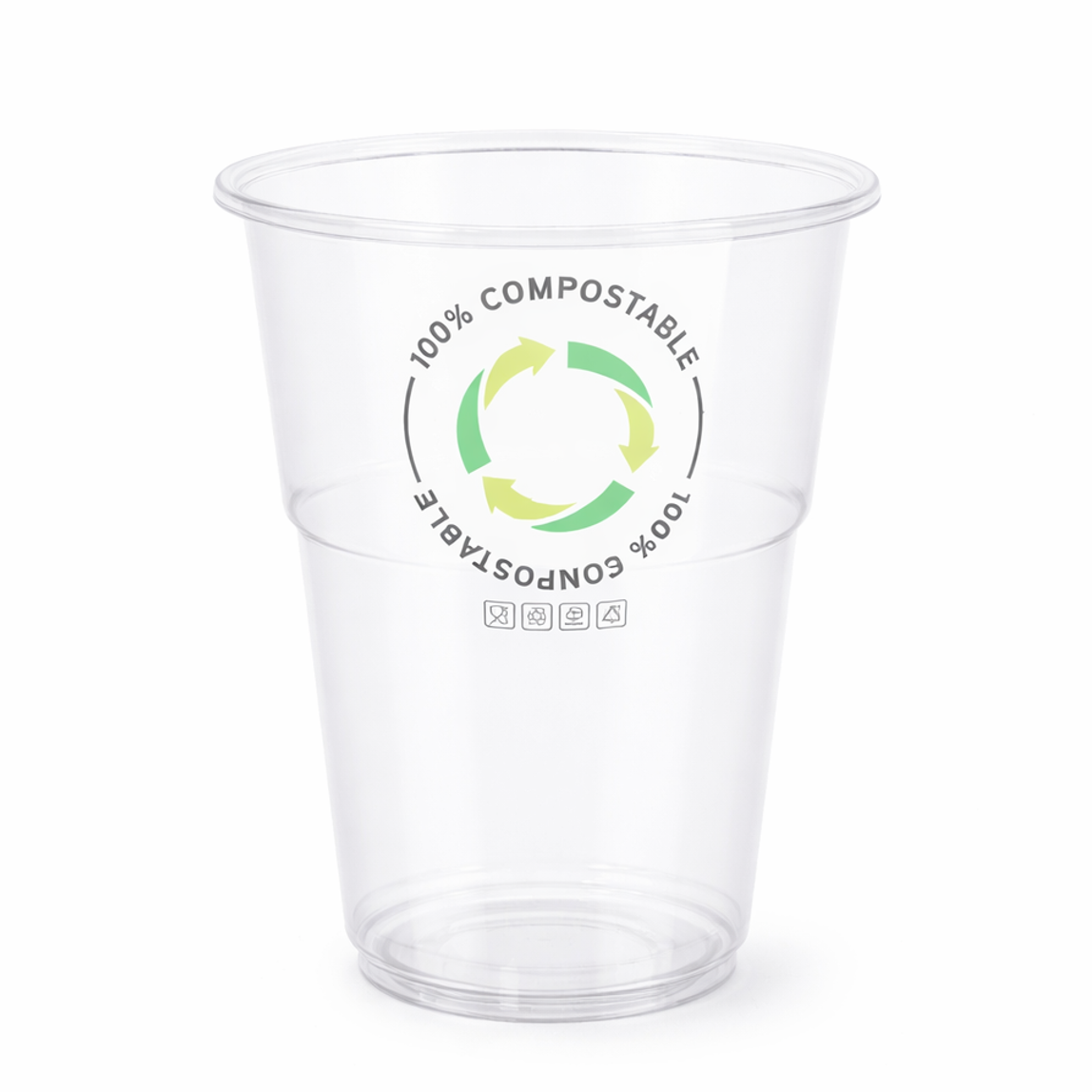 Copo de PLA Compostável Transparente 220ml com selo de compostabilidade 100%.
