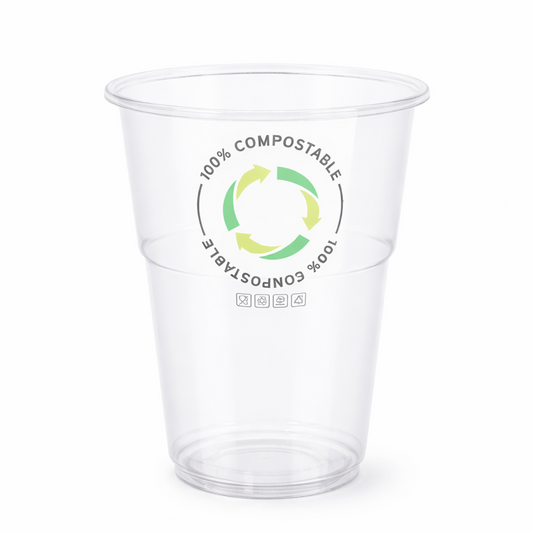 Copo de PLA Compostável Transparente 220ml com selo de compostabilidade 100%.