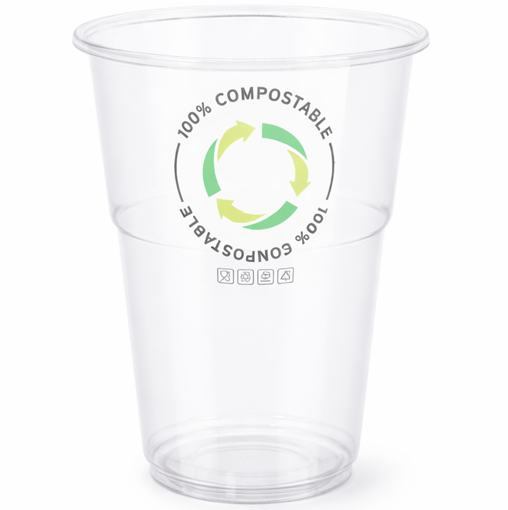 Copo de PLA Compostável Transparente 575ml com selo 100% compostável.