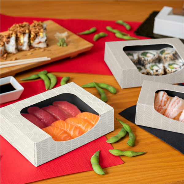 Caixa Cartolina Kraft Branca com Janela Sushi Kintsu Garcia de Pou 273.88 273.90 273.92 Restaurante Japonês