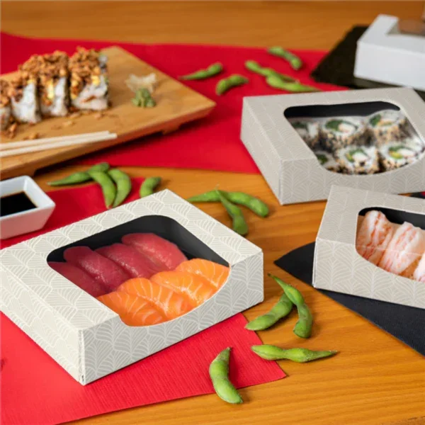 Caixa Branca Sushi com Janela 18x12cm Take Away com sushi fresco em embalagem elegante.