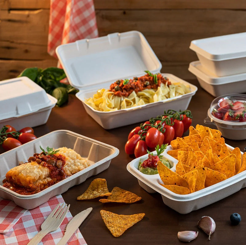 Caixa para Menu em Cana de Açúcar com refeições, massas e aperitivos, descartáveis para take away, pack de 50un.