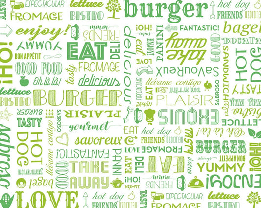 Padrão com palavras relacionadas a alimentos como burger, hot dog e lettuce em tons de verde.