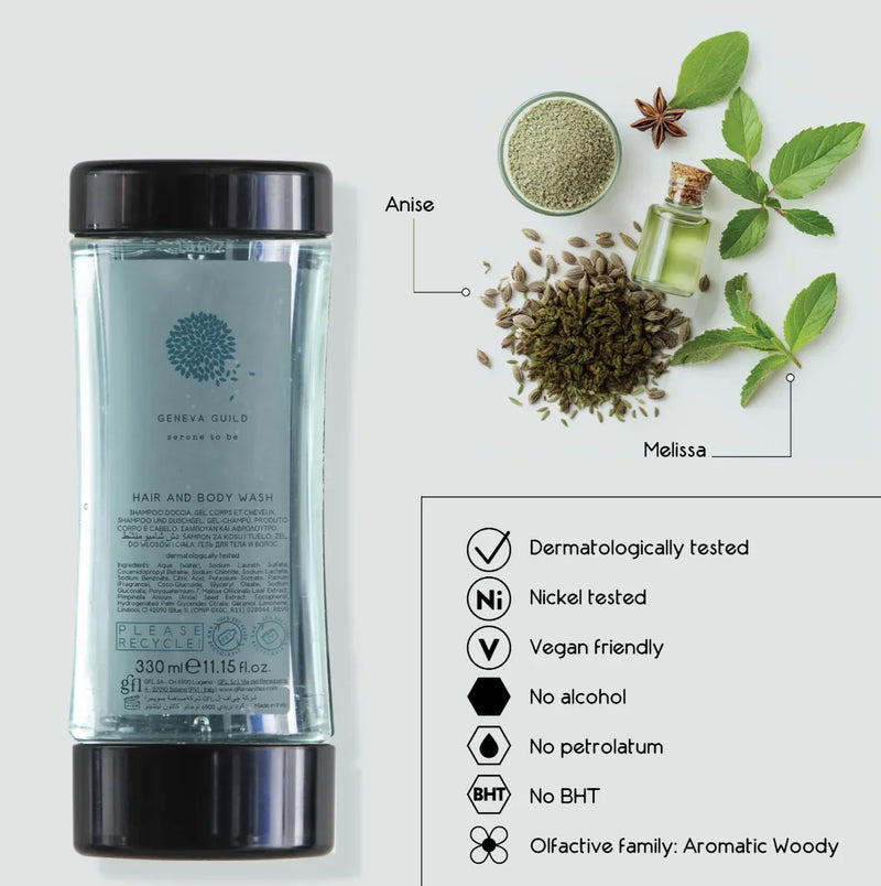 Gel de Banho e Champô 2em1 Geneva Guild 330ml com ingredientes naturais como aniz e melissa.
