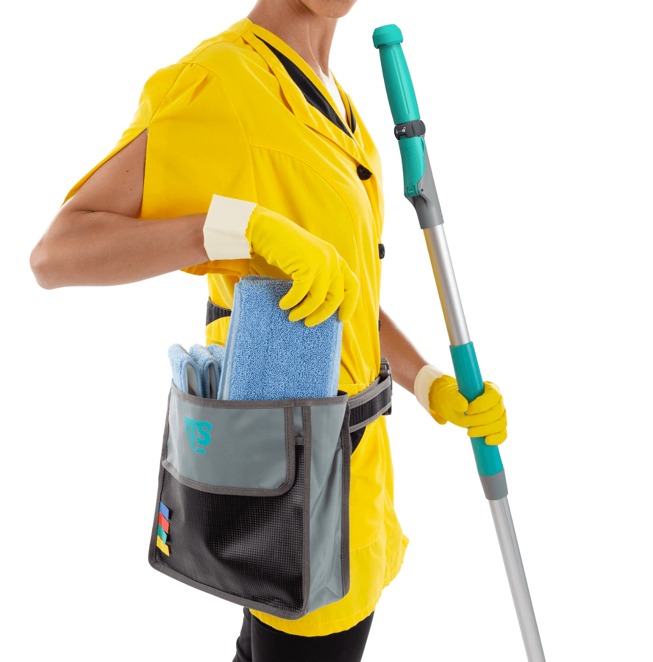 Cinto Porta-Utensílios de Limpeza Profissional TTS BELTY KIT em uso por uma operadora de limpeza