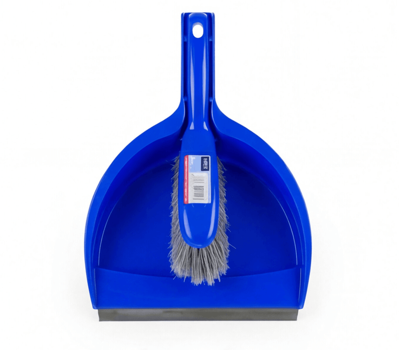 Conjunto de Vassoura + Pá do Lixo Pequena, conjunto prático para limpeza eficiente com pá do lixo azul e vassoura.