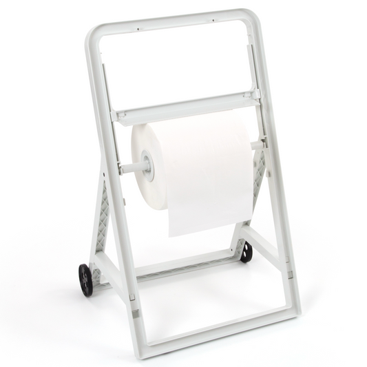 Dispensador de Rolo Papel Industrial Tripé com Rodas, equipamento robusto com rodas para facilidade de transporte.