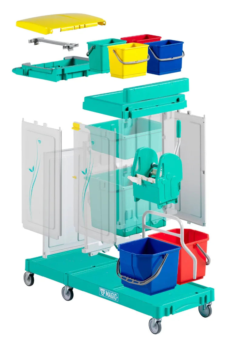 Carrinho Limpeza Compacto TTS ML com acessórios e compartimentos para organização eficiente de limpeza.