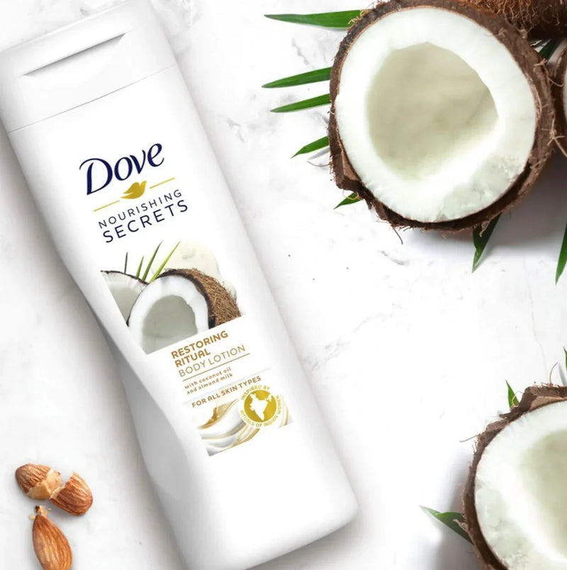 Loção Hidratante Corporal DOVE Coco com leite de amêndoa e óleo de coco, ideal para pele seca.